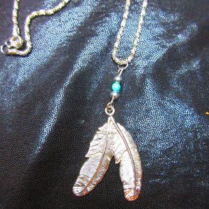 Feather Necklace Approximately 18" With Blue & Silver Beads